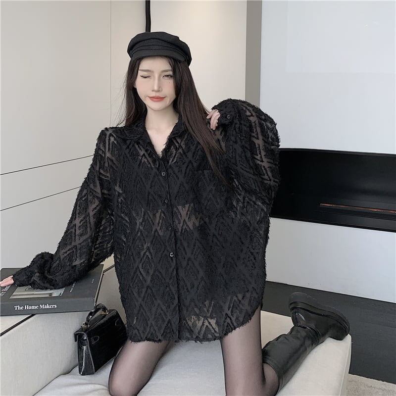 オシャレ度満点 POLOネック 好感度満載 透かし彫り シャツ ブラウス トップス＜S-2776＞