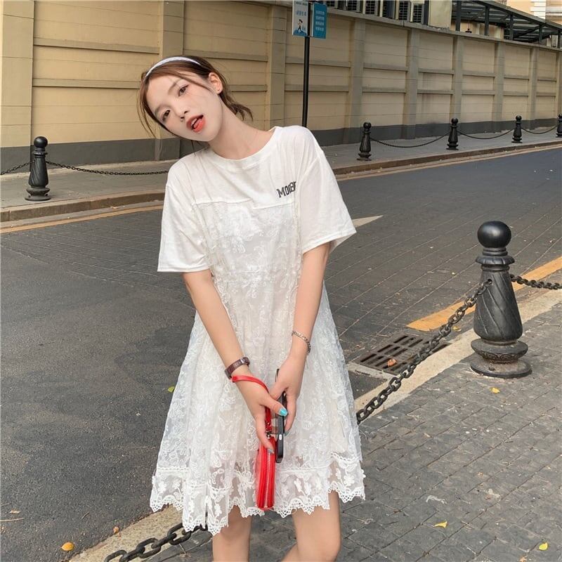 売れ筋 切り替え レース フェイクレイヤード 膝丈 半袖 Tシャツワンピース ＜S-1953＞