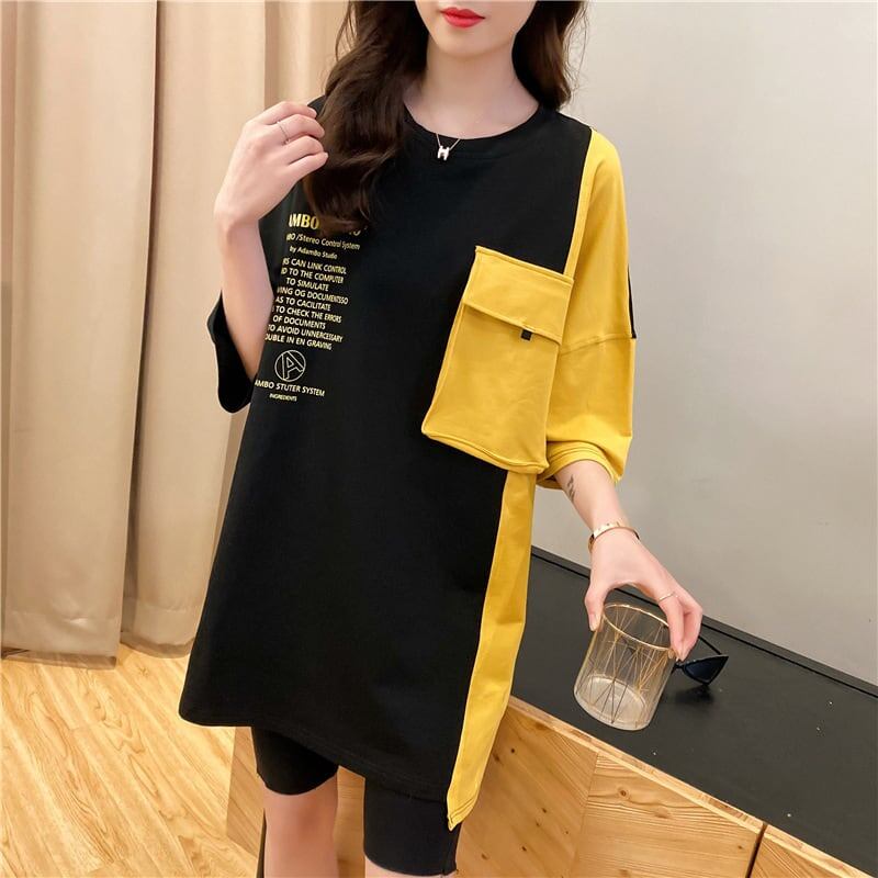 韓国系配色切り替えロングゆったり三色半袖Tシャツ＜S-1625＞