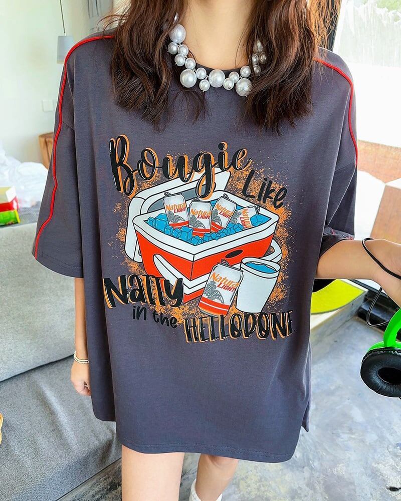 着せ ゆったり ビッグロゴ ロングTシャツ 半袖 ワンピース<S-4859>