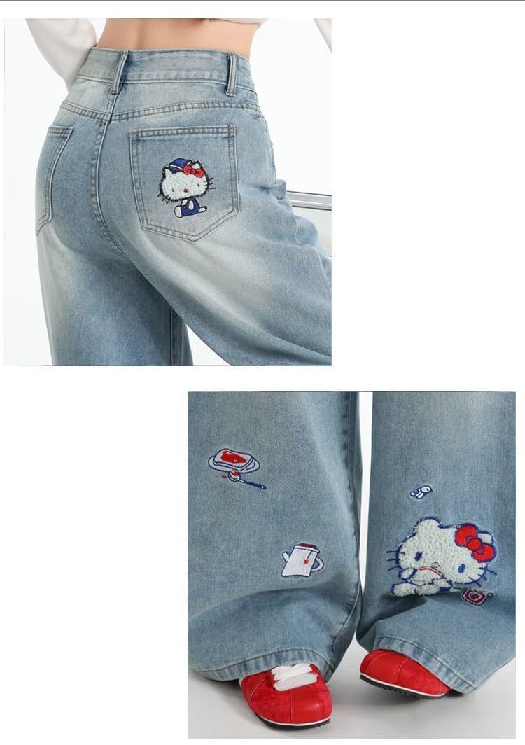 ウォッシュ加工 ハイウエスト ワイド デニムパンツ <S-13186>