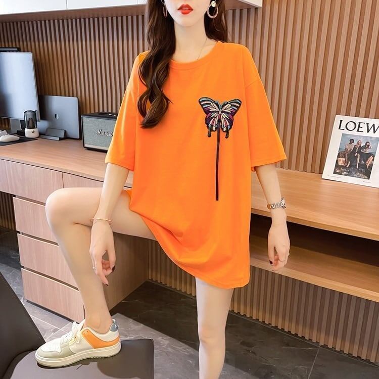 最新デザインセンス刺繍純綿ルーズ半袖Tシャツ<S-2949>