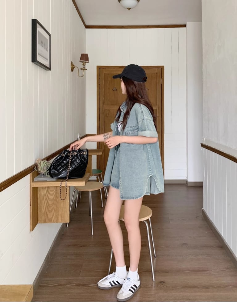 ルーズ 半袖 デニム シャツ + ショートパンツ セットアップ <S-13159>