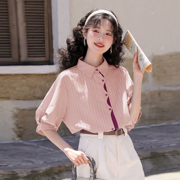 好感度UP 上質 美人度アップ 知的 ストライプ柄 3色選択 半袖シャツ＜S-9047＞