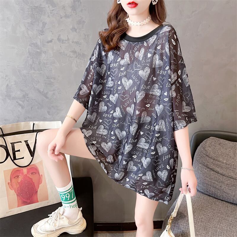元気いっぱい ラウンドネック ゆったり トップス 半袖 Tシャツワンピース ＜S-2100＞
