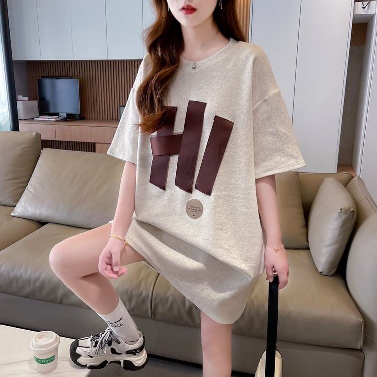 ファッション ロング プリントTシャツ 丸襟 半袖＜S-2807＞