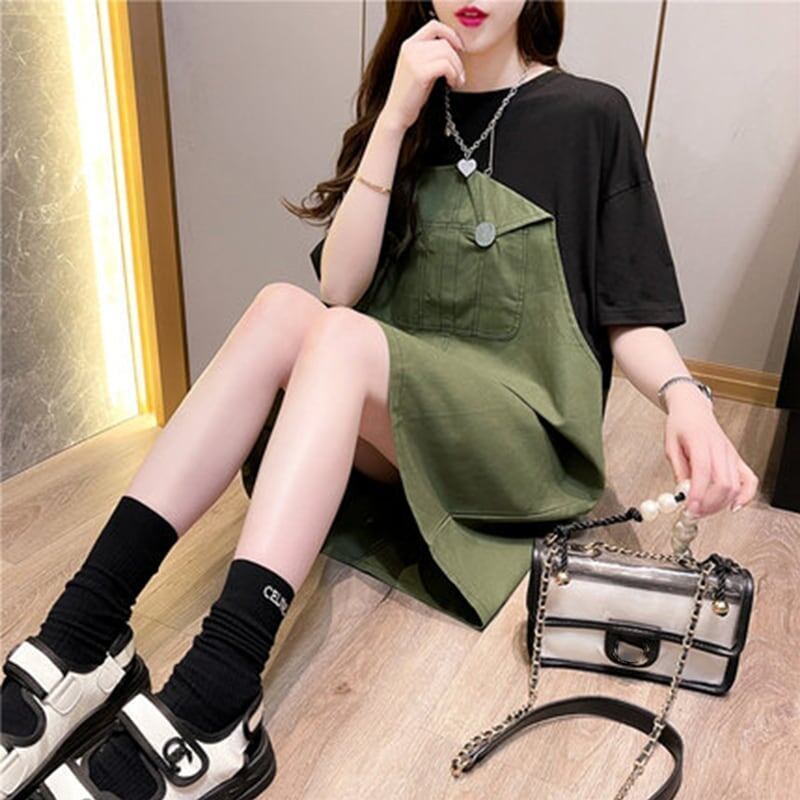 カジュアル 切り替え 一目惚れ Tシャツ カットソー ワンピース＜S-3334＞