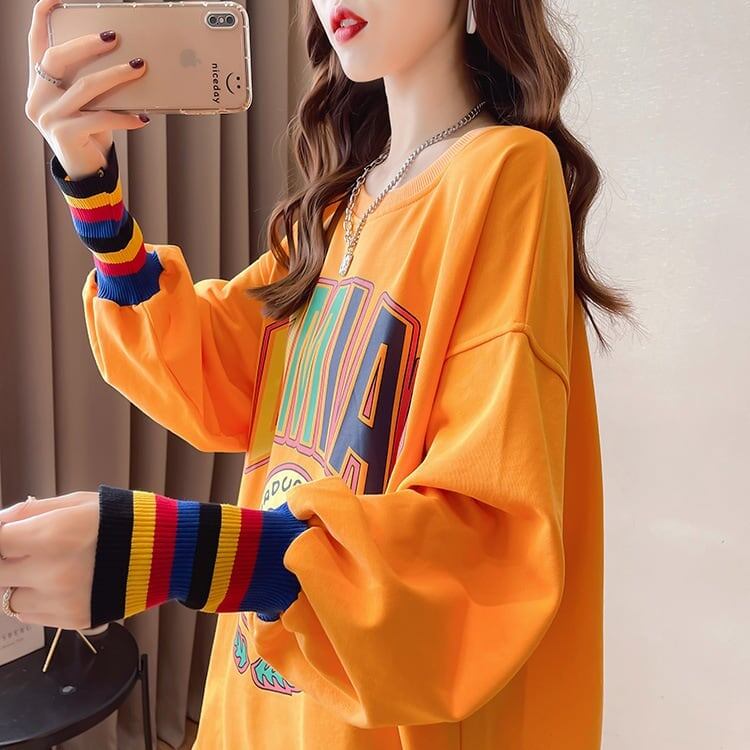 着せ グラフィックプリント 虹色 ロング長袖Tシャツ 三色トップス＜S-4107＞