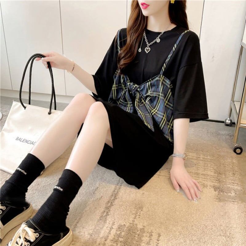 美人度アップ プリント 美腿効果抜群 Tシャツ カットソー ワンピース＜S-3357＞