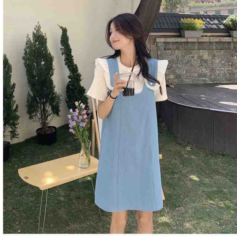 美人度アップ デニム 大人可愛い 全2色 半袖Tシャツ+サスペンダースカート セット<S-8782>