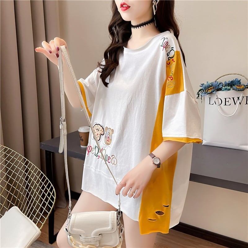 韓国風漫画刺繍ワッペン半袖Tシャツ<S-2991>