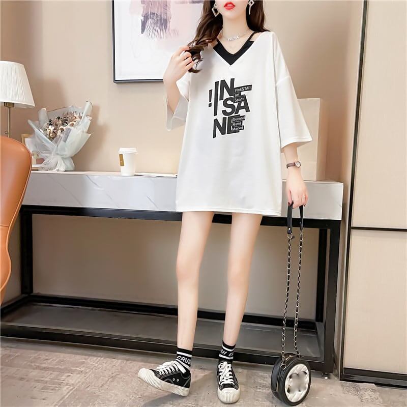 売れ筋 アルファベット Vネック フェイクレイヤード ゆったり 着せ 半袖 Tシャツ ＜S-2005＞