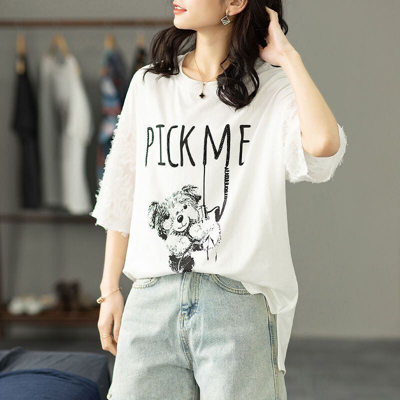 絶対欲しい レース エレガント 切り替え プリント 半袖Tシャツ＜S-8587＞