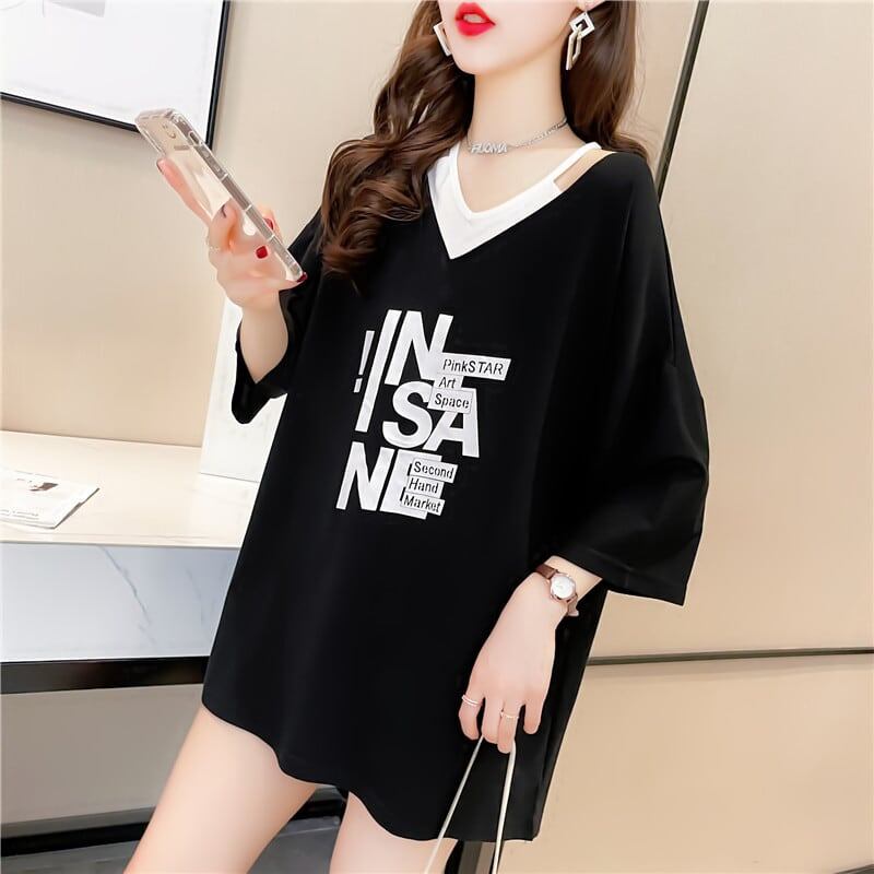 売れ筋 アルファベット Vネック フェイクレイヤード ゆったり 着せ 半袖 Tシャツ ＜S-2005＞