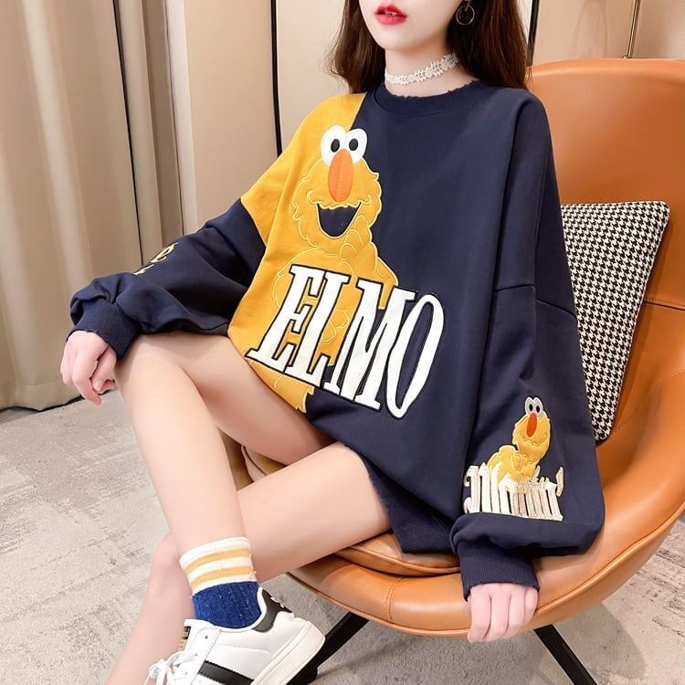 ゆったりとした重工業刺繍漫画長袖トップ<S-5083>