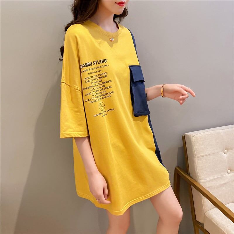 韓国系配色切り替えロングゆったり三色半袖Tシャツ＜S-1625＞