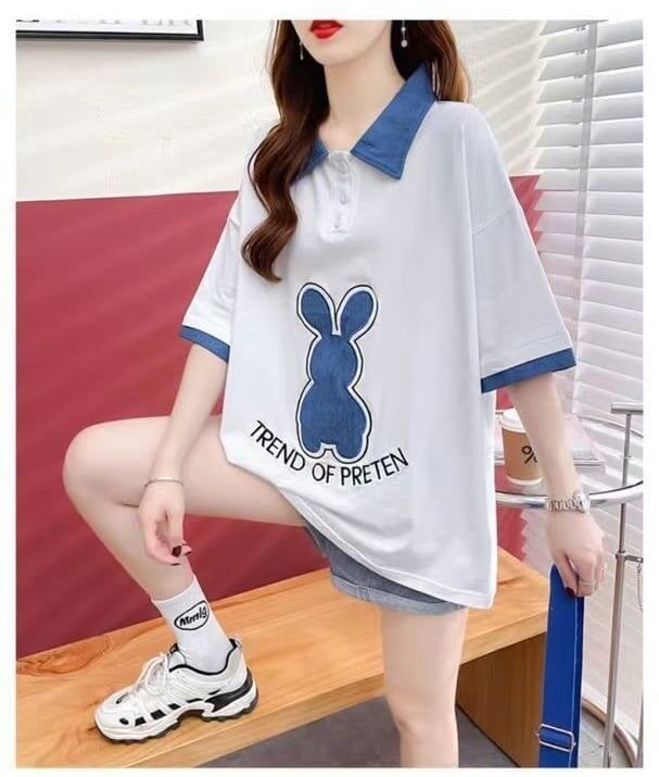 韓国系 ウサギちゃん POLOネック プリントTシャツ 三色 ゆったり半袖 ＜S-3056＞