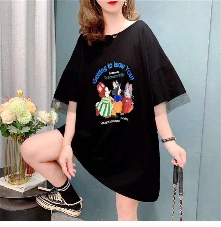 優しい雰囲気 立体のリボン バックオープン プリント ロングTシャツ ゆったり半袖＜S-2939＞