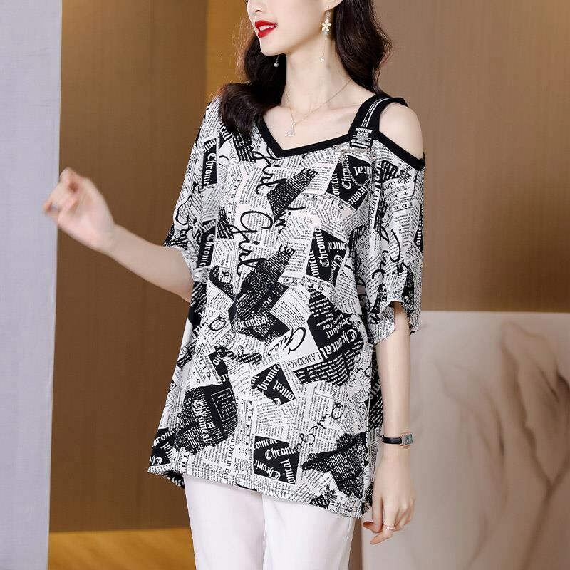 【半額！期間限定！！】絶対流行 特別デザイン 個性派 シフォン プリント 半袖Tシャツ＜S-8610＞