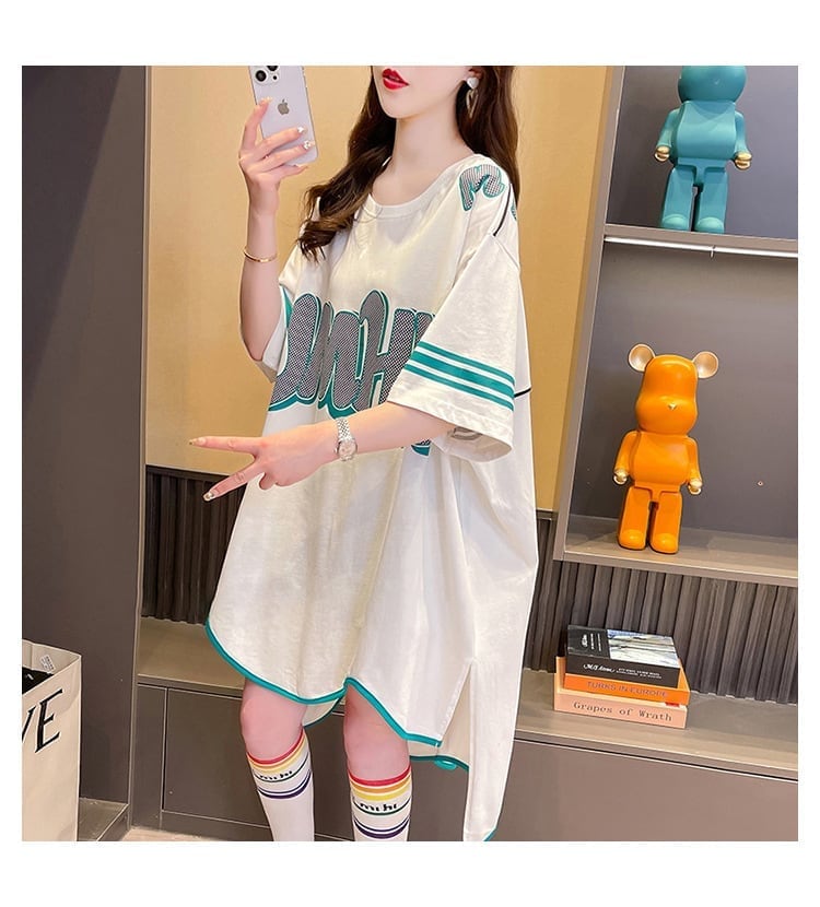 おしゃれ度アップ アルファベット フィッシュテール プリントTシャツ ゆったり半袖＜S-3012＞