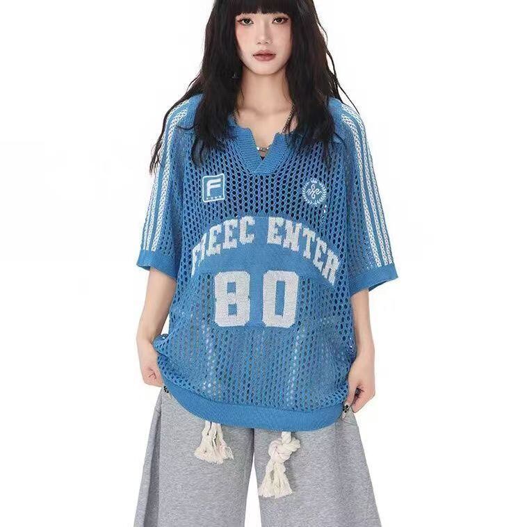 人気 プリント 透かし編み 半袖 Tシャツ <S-13183>
