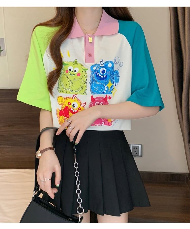 元気いっぱい カラーマッチング POLOネック プリント Tシャツ 半袖 ＜S-2979＞