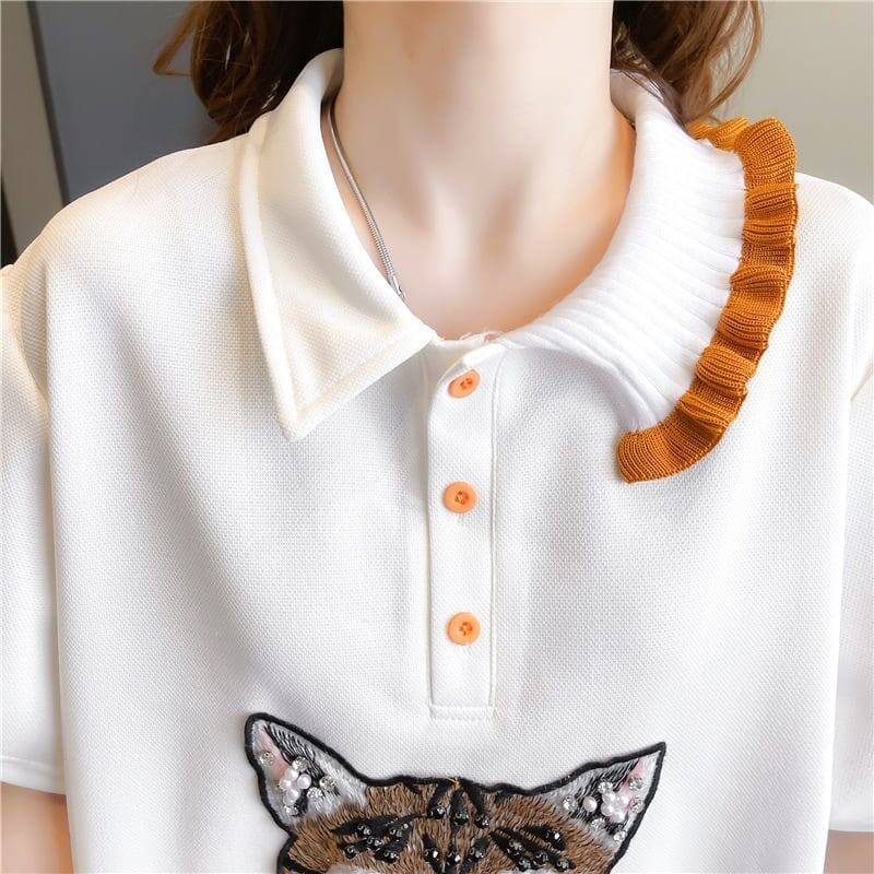 質感のいい POLOネック 猫刺繍 ロング Tシャツ ゆったり半袖 ＜S-2849＞