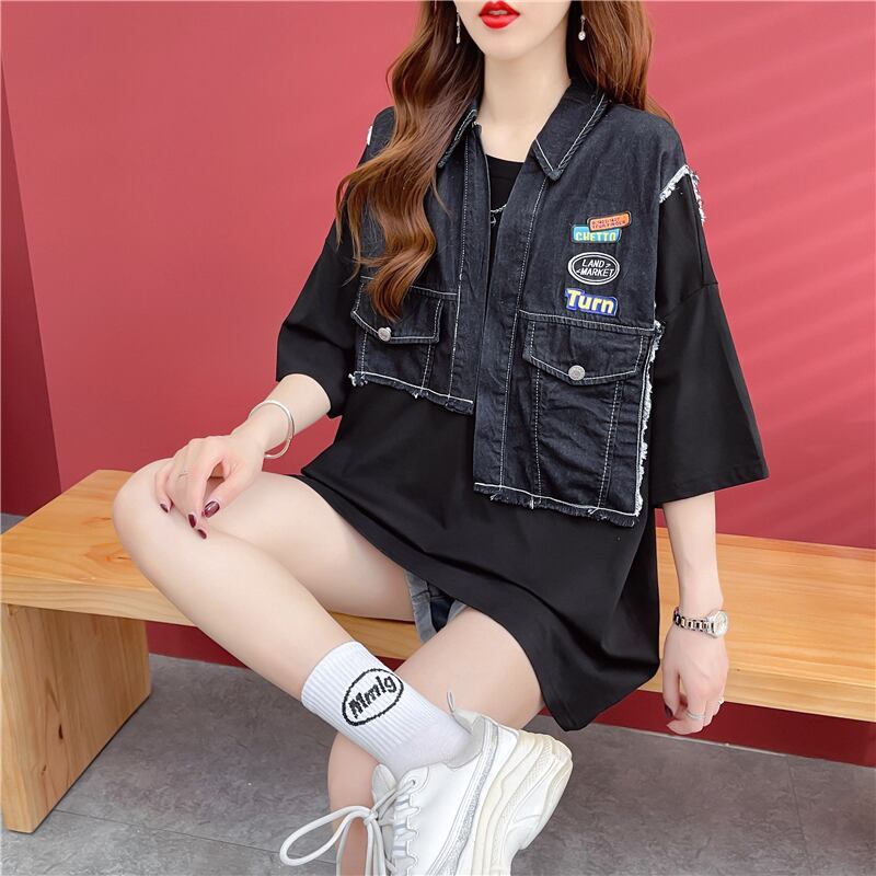 【半額！期間限定！！】新商品 レイヤード風 特別デザイン デニム 切り替え ゆったり 半袖Tシャツ＜S-8933＞
