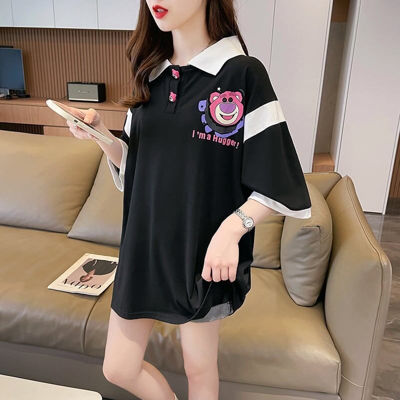 POLOネック 切り替え 熊柄 ロング プリント Tシャツ 二色 ゆったりワンピース ＜S-3020＞