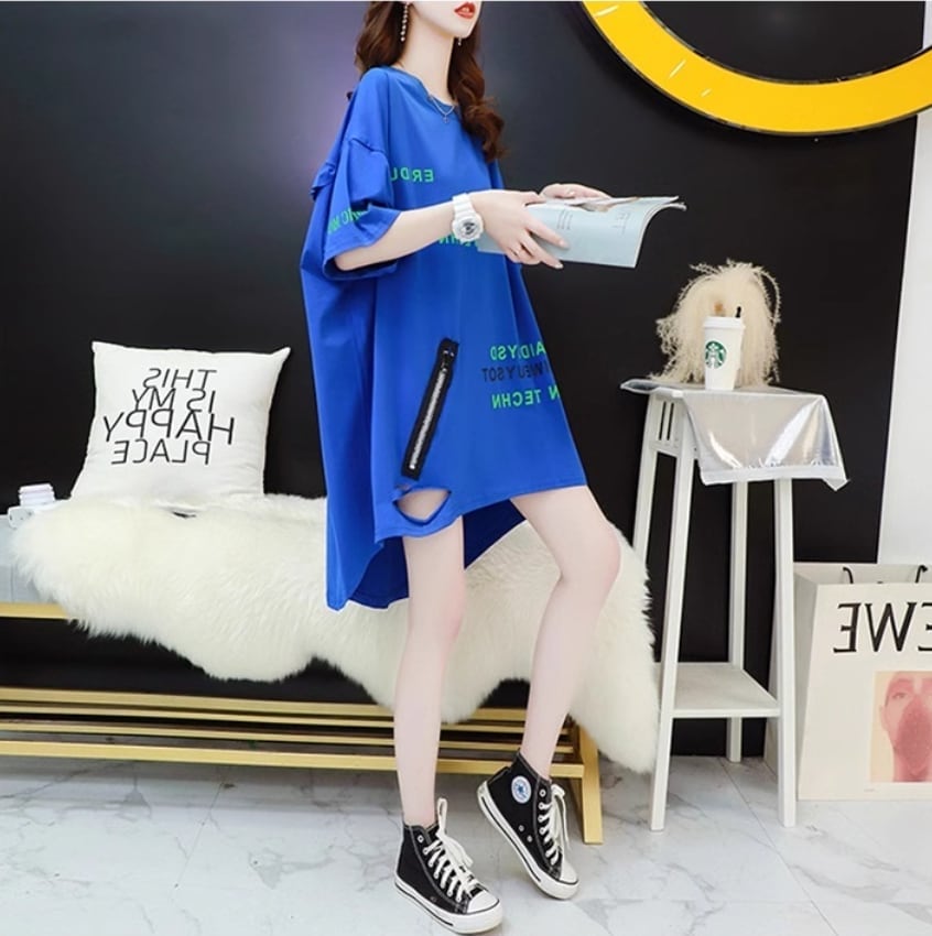 超人気 ダメージ加工 ゆったりロング丈 三色半袖Tシャツ＜S-8107＞
