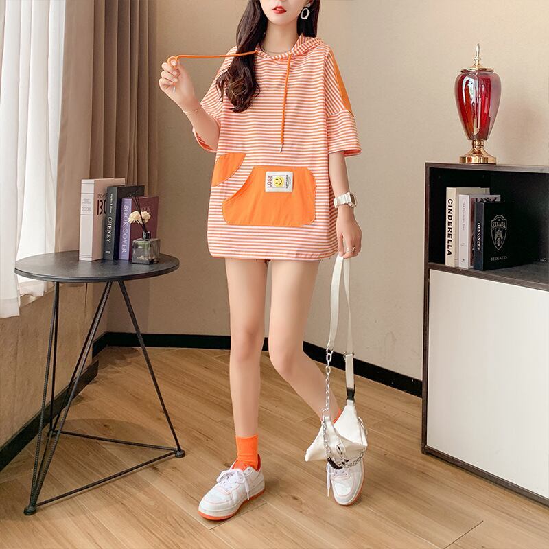 スタイルアップ効果抜群 ストライプ柄 アバンギャルド 切り替え レース プリント全2色 半袖Tシャツ<S-9111>
