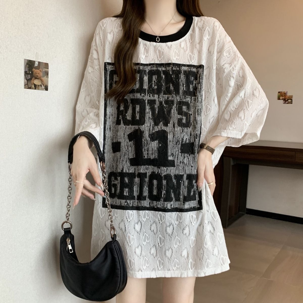 超人気 アバンギャルド 絶対流行 レース プリント全2色 半袖Tシャツ<S-8798>