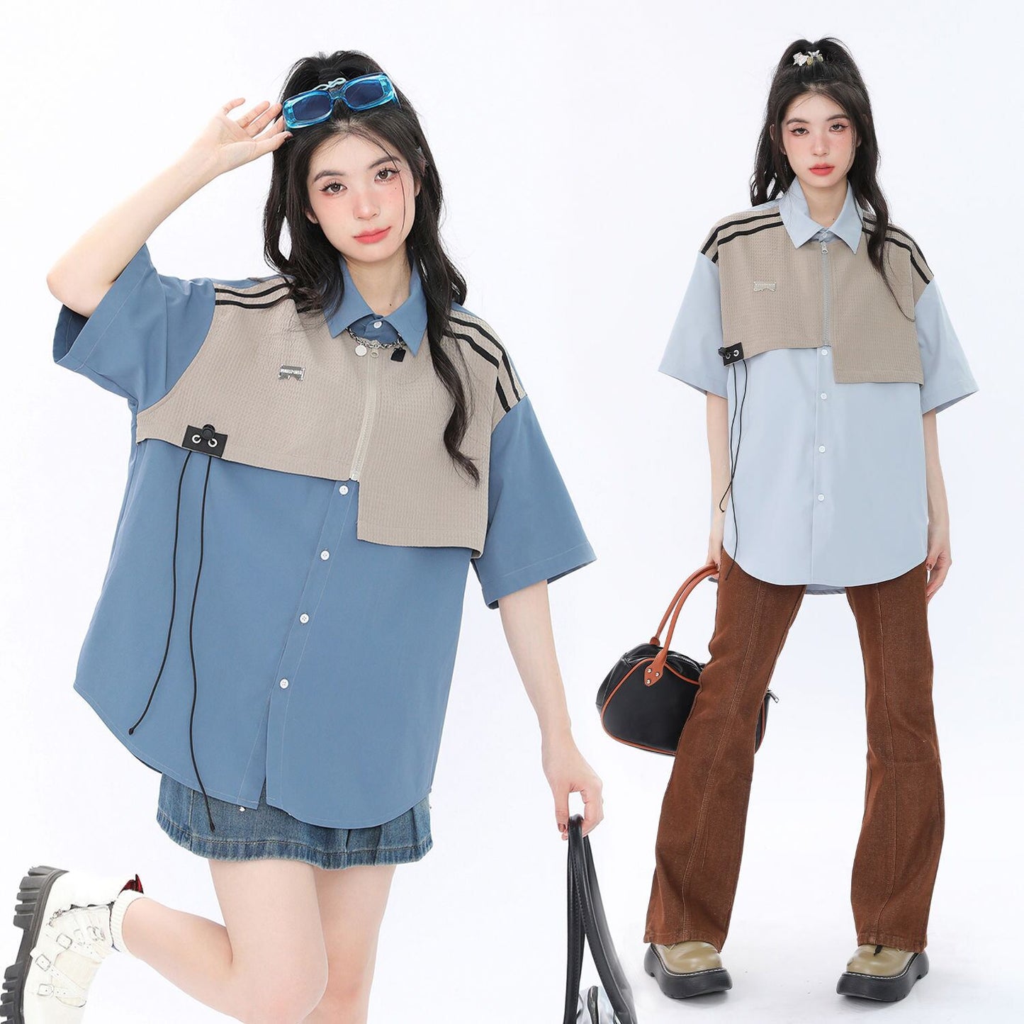 期間限定 ファッション 個性派 レイヤード風 切り替え プリント全3色 男女兼用 半袖Tシャツ<S-9044>