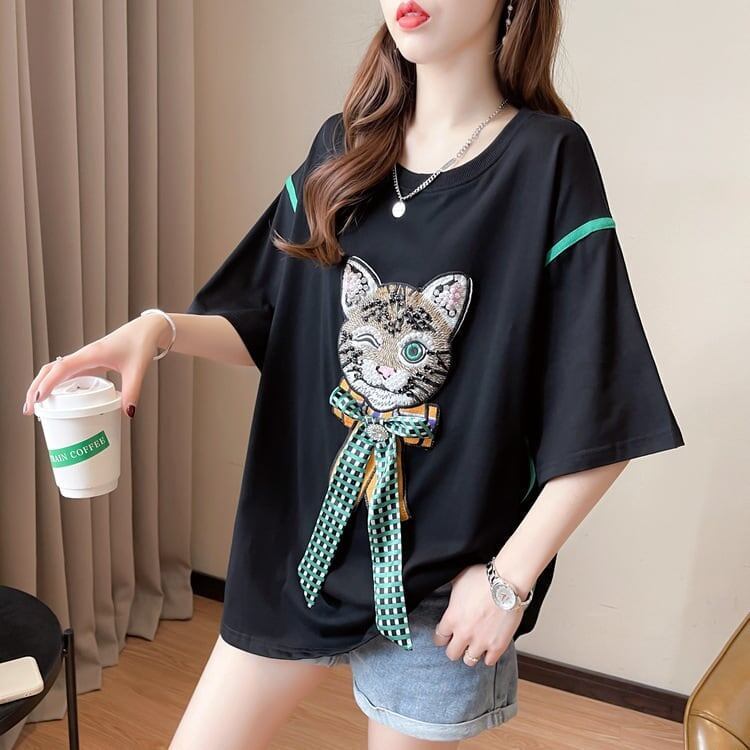 質感のいい 猫刺繍 立体のリボン ロング Tシャツ ゆったり半袖 ＜S-2919＞
