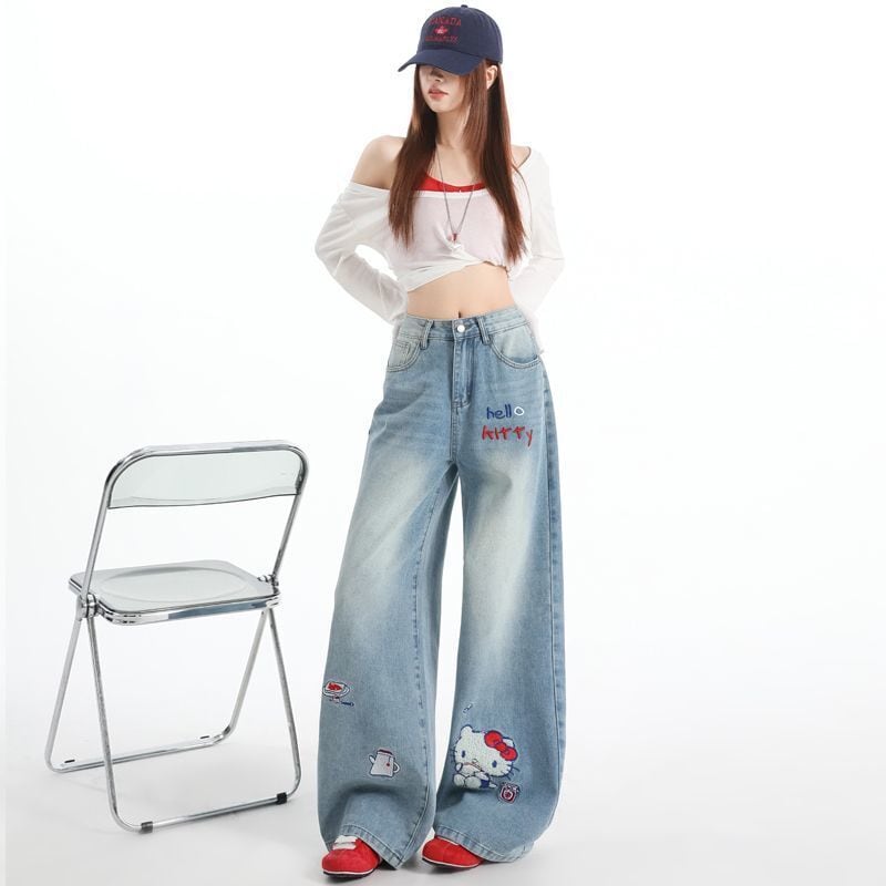ウォッシュ加工 ハイウエスト ワイド デニムパンツ <S-13186>