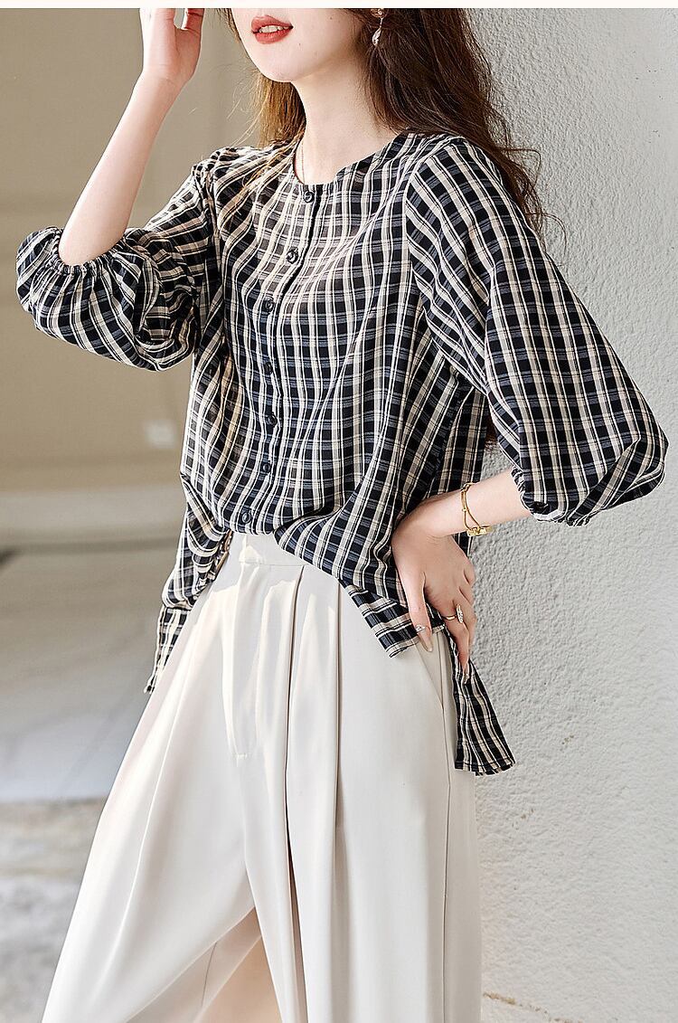 定番シンプル エレガント ゆったり感アップ チェック柄 Tシャツ カットソー＜S-8368＞