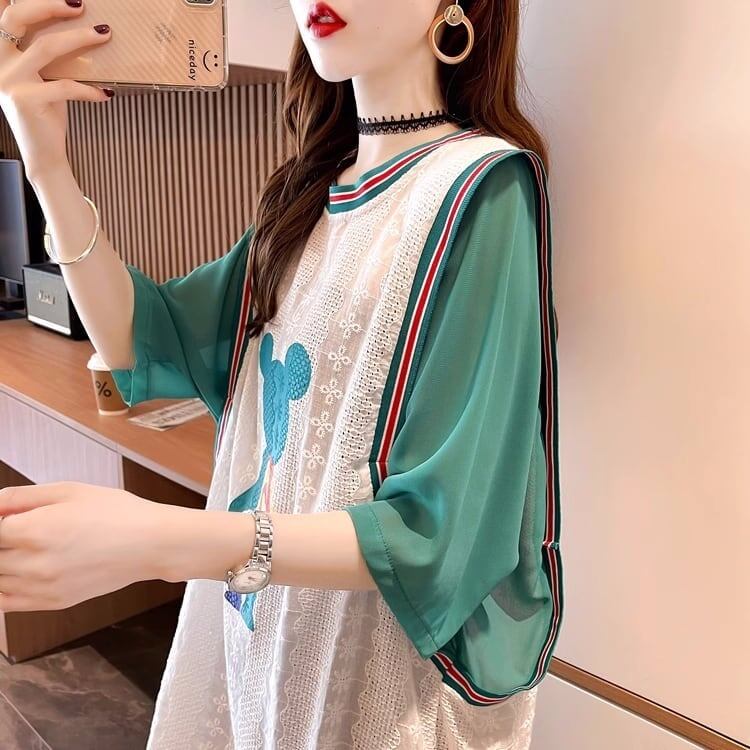 夏新作 レース ベアー カラーマッチング ロングTシャツ ゆったり5分袖 ＜S-2942＞