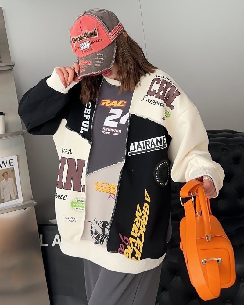 主役級 オーバーサイズ 切り替えロゴ スウェット全3色ゆったりトップス＜S-4762＞