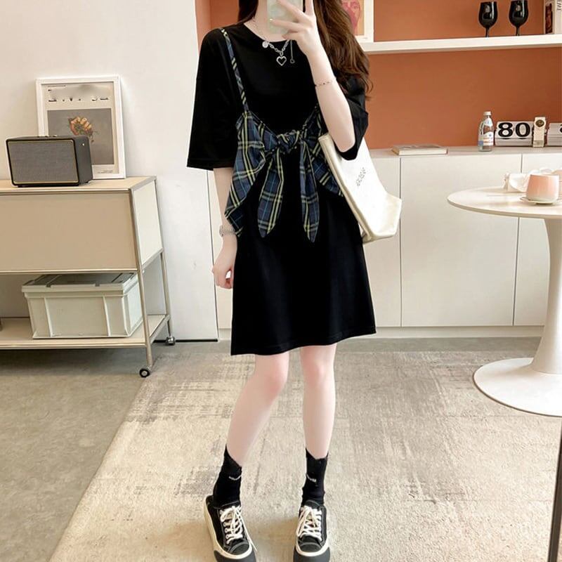 美人度アップ プリント 美腿効果抜群 Tシャツ カットソー ワンピース＜S-3357＞
