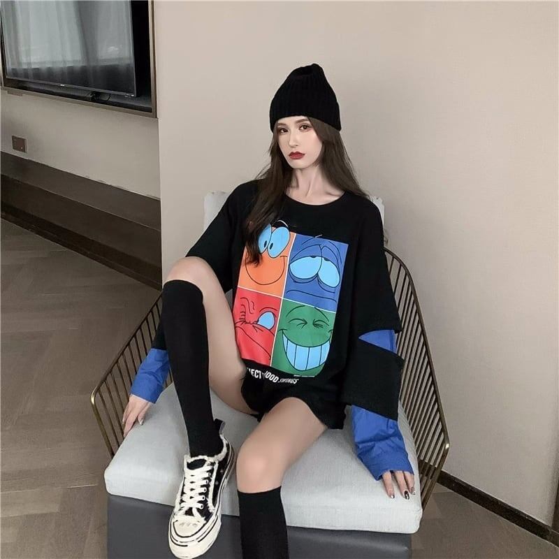 見逃し禁止レイヤード  グラフィックプリント 二色長袖Tシャツ＜S-4065＞