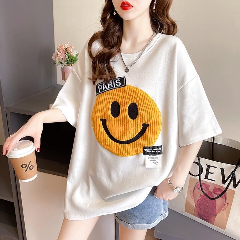質感のいい ニコちゃん刺繍 スマイル ロング Tシャツ ゆったり半袖 ＜S-2947＞
