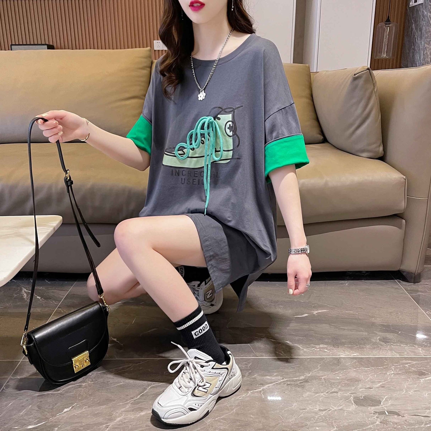 韓国系 プリント ラウンドネック ロング Tシャツ ゆったり半袖 ＜S-2988＞