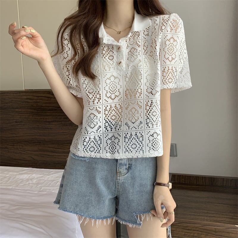 ファッション 透かし彫り 美人度アップ POLOネック Tシャツ カットソー＜S-3234＞
