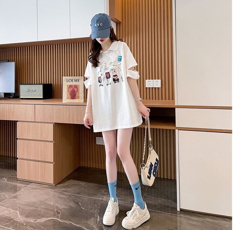 美人度アップ 折り襟 可愛いウサギちゃん プリントロング Tシャツ ゆったり半袖 ＜S-2956＞