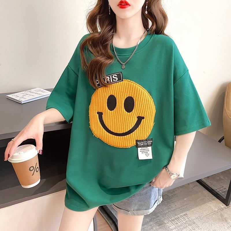 質感のいい ニコちゃん刺繍 スマイル ロング Tシャツ ゆったり半袖 ＜S-2947＞