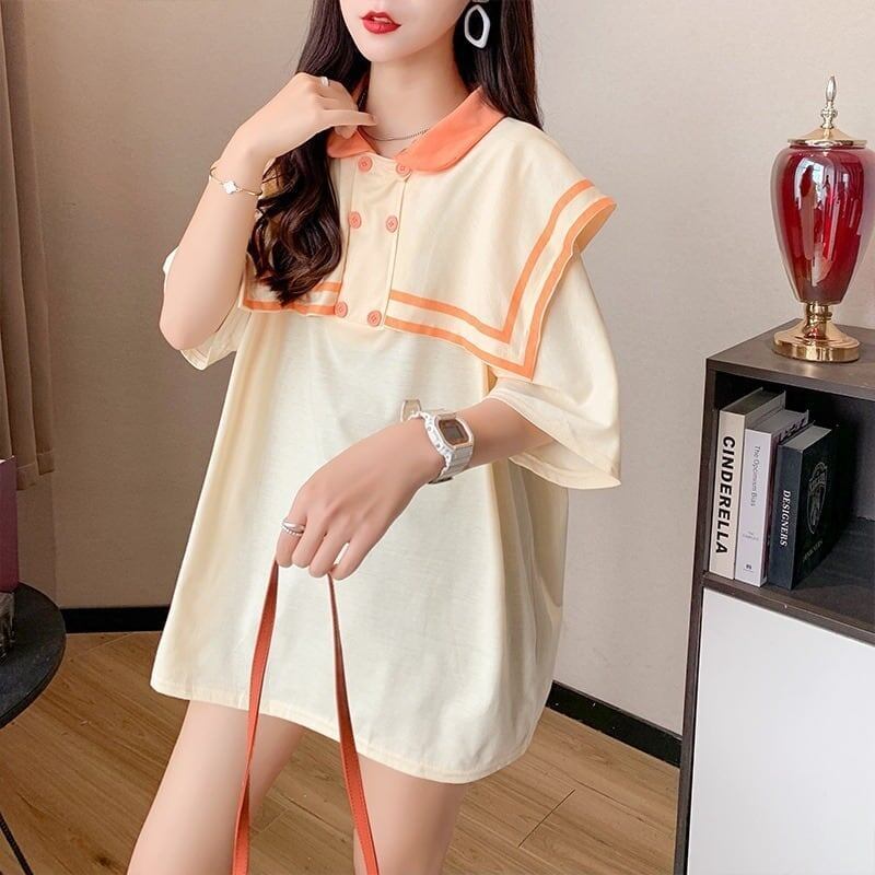 絶対欲しい ロング セーラーカラー Tシャツ 三色 ゆったりワンピース＜S-4028＞