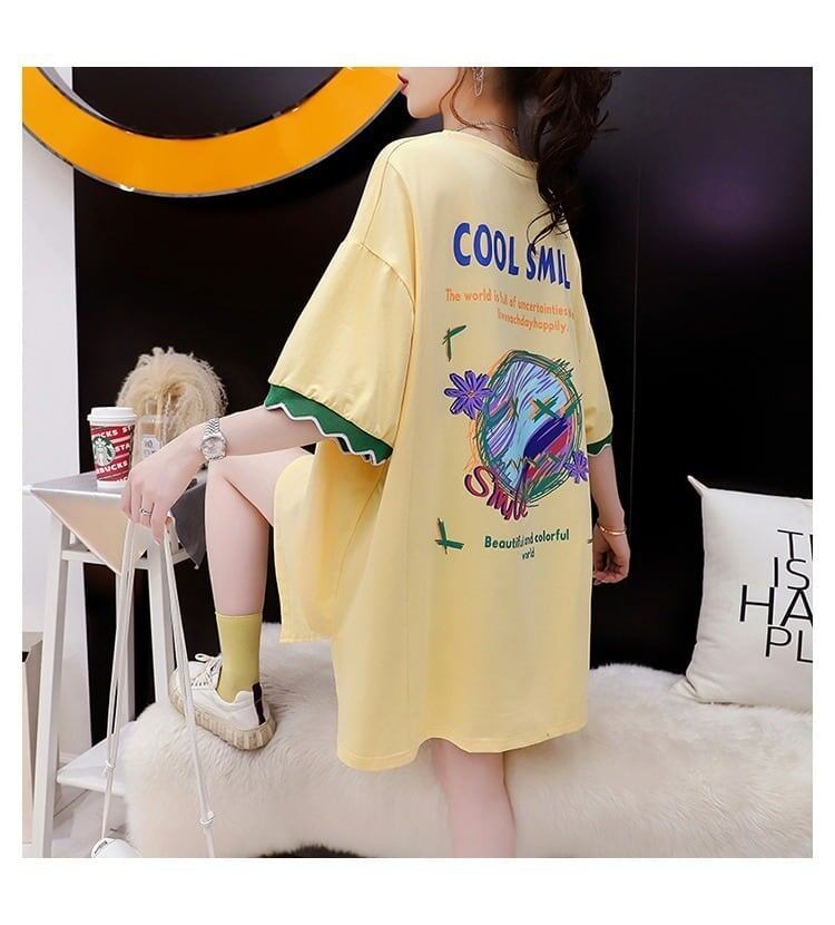 アルファベット プリント ドロップショルダー ロングTシャツ ゆったり＜S-2888＞