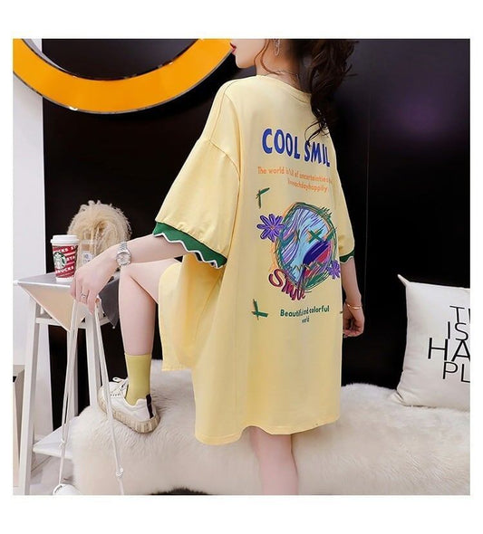 アルファベット プリント ドロップショルダー ロングTシャツ ゆったり＜S-2888＞