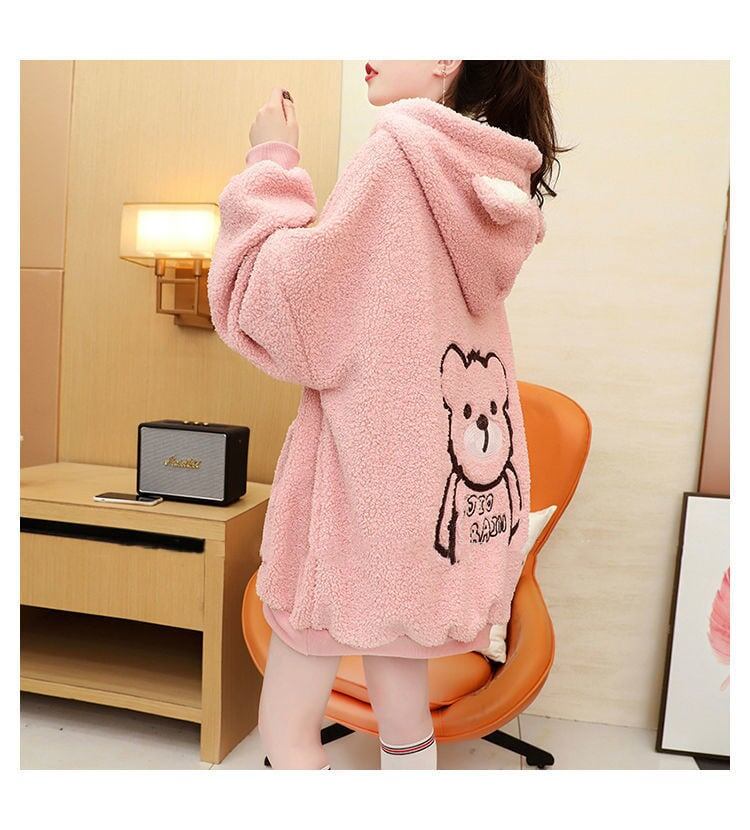 大人可愛いクマちゃんロゴもこもこ厚手フード付きパーカー全3色<S-4696>