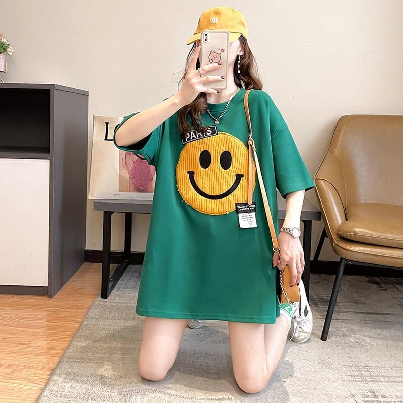 質感のいい ニコちゃん刺繍 スマイル ロング Tシャツ ゆったり半袖 ＜S-2947＞